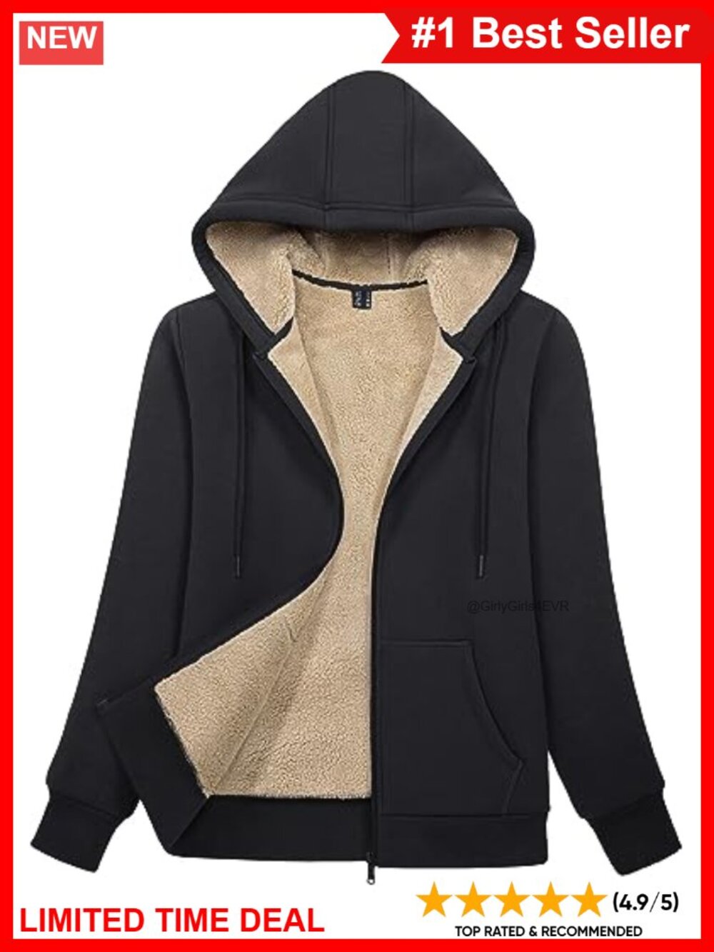 Sherpa Lined Full Zip Hoodie Women Warm Winter Jacket Pockets